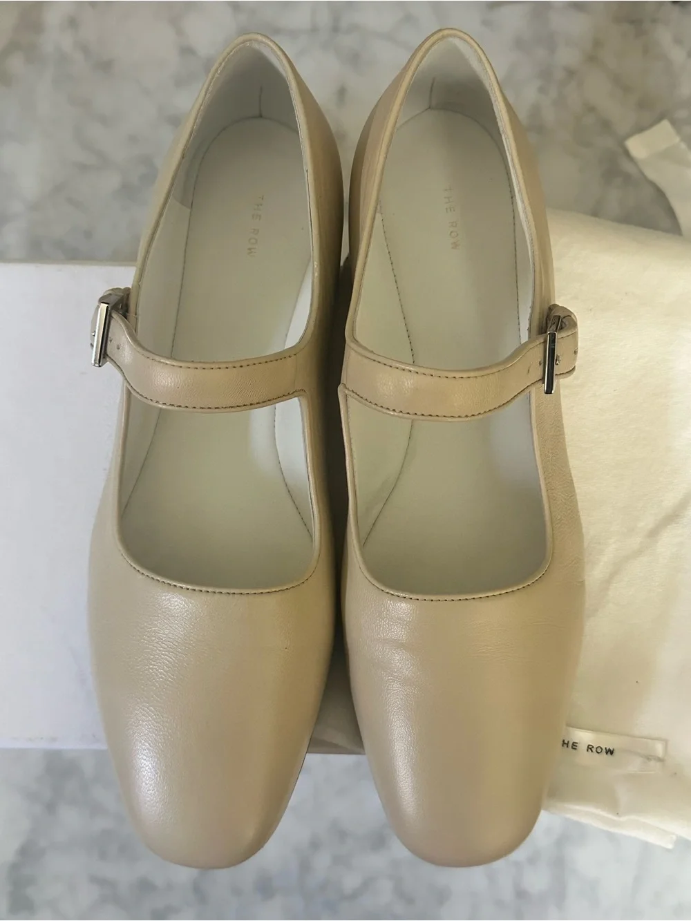 The Row Ava Mary Jane Flats Oatmilk Leather Size 38.5 Ivory Ballet